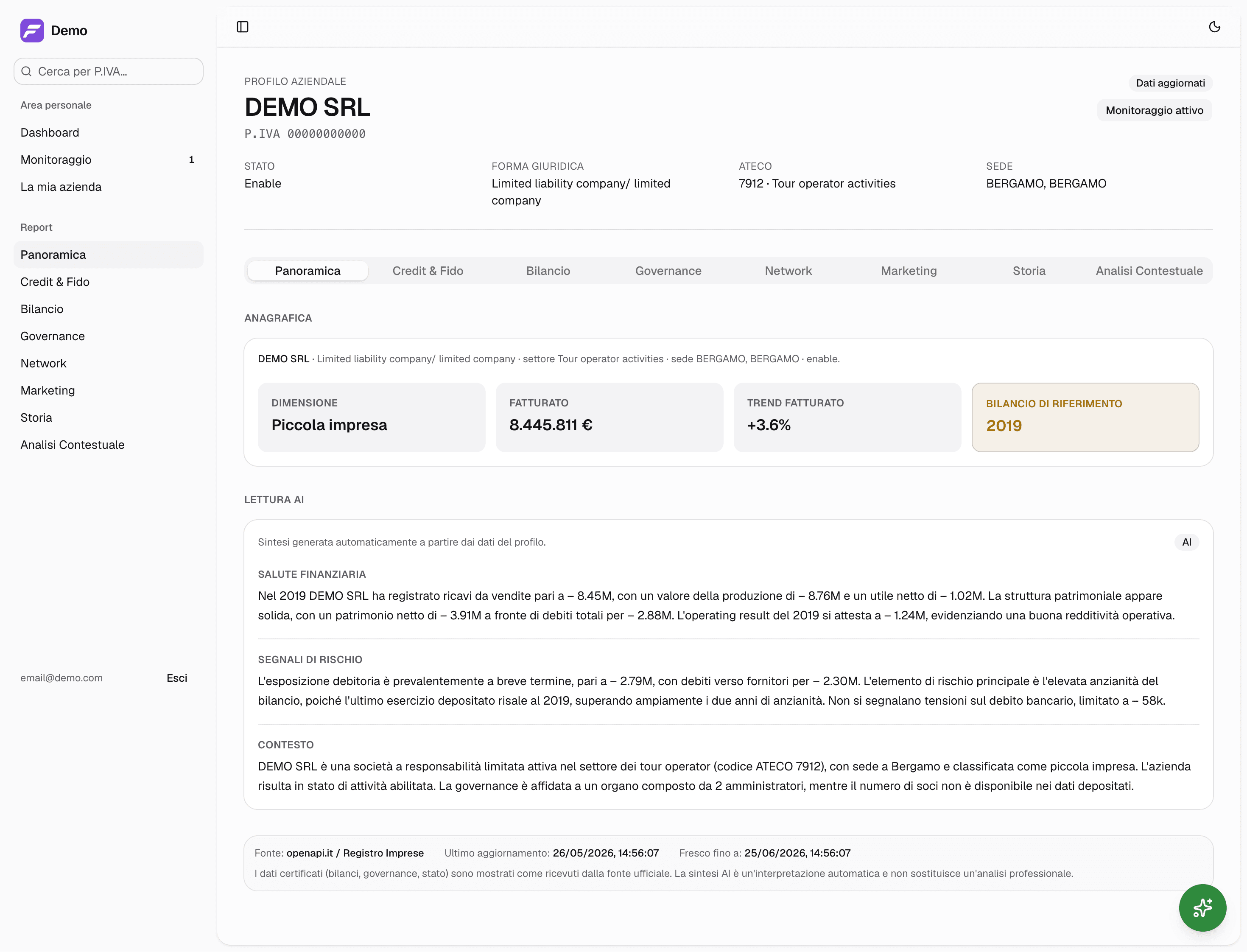 Anteprima dell'interfaccia di Veiro: la panoramica del dossier di un'azienda, con dati di bilancio, indicatori chiave e la sintesi AI del profilo.
